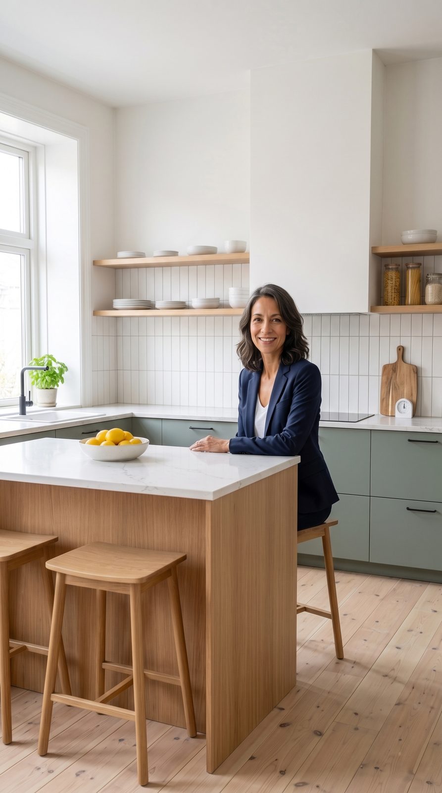 Mom, an AI-generated character, smiling at her kitchen island in a navy blazer